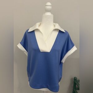 Umgee Blue and White V-Neck Blouse